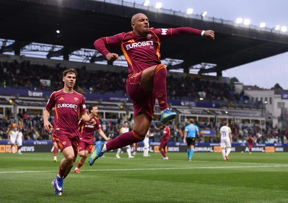 Donyell Malen leaps as he celebrates the second of his two goals against Parma