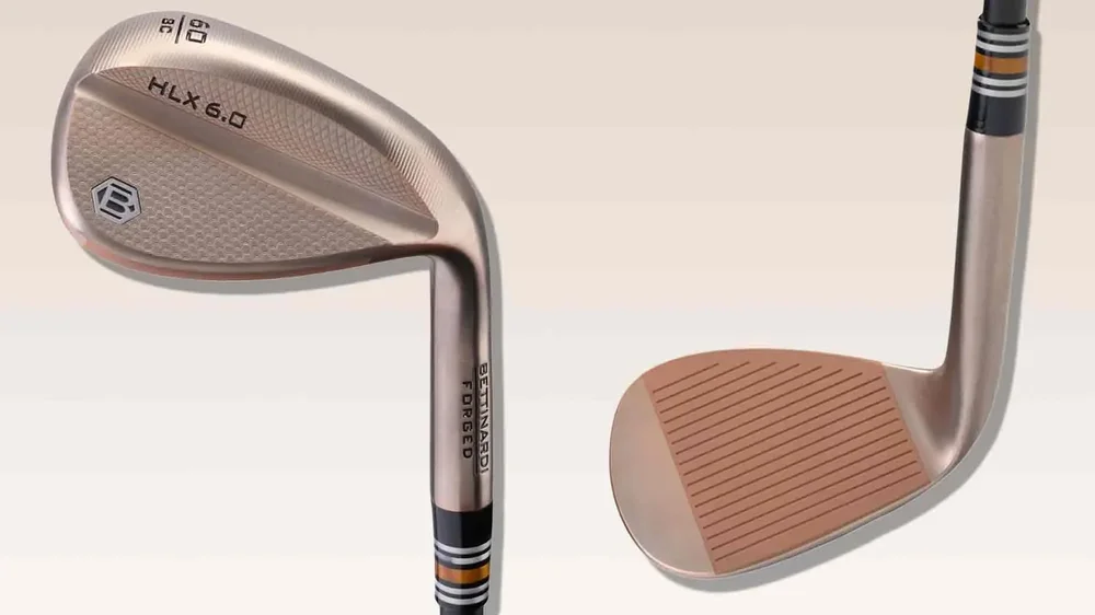 Two views of a bronze-finished Bettinardi HLX 6.0 wedge: one shows the club's grooved face, the other highlights the back with HLX 6.0 and branding on head and shaft—perfect for those seeking standout, limited edition golf wedges.