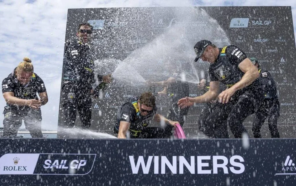 BONDS Flying Roos SailGP Team members spray each other with Barons De Rothschild Champagne after winning the final race of the Apex Group Bermuda Sail Grand Prix in Bermuda.