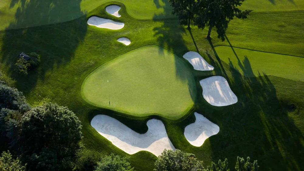 Aerial view of green at Aronimink, host of 2026 PGA Championship.
