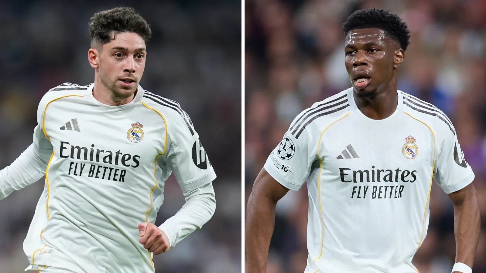 A split picture of Real Madrid players Federico Valverde and Aurelien Tchouameni in the club's white kit